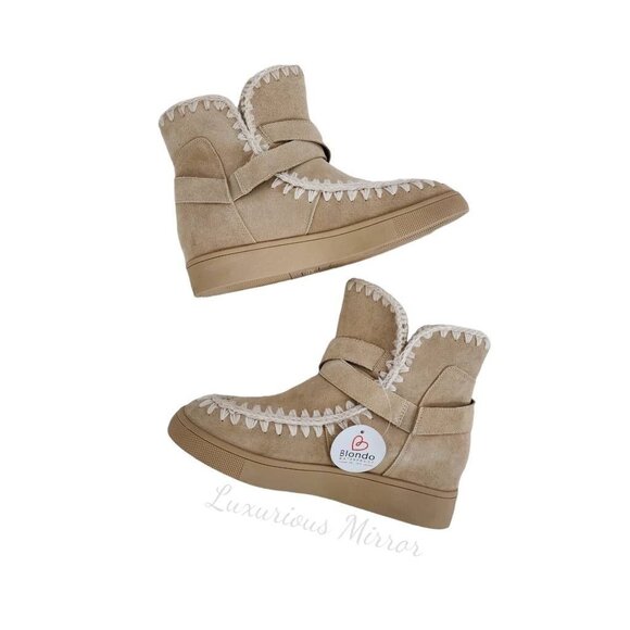 Blondo Faux Fur Boots Waterproof Ankle Cow Suede Anna Brown Lined Womens 11M New - Picture 3 of 8